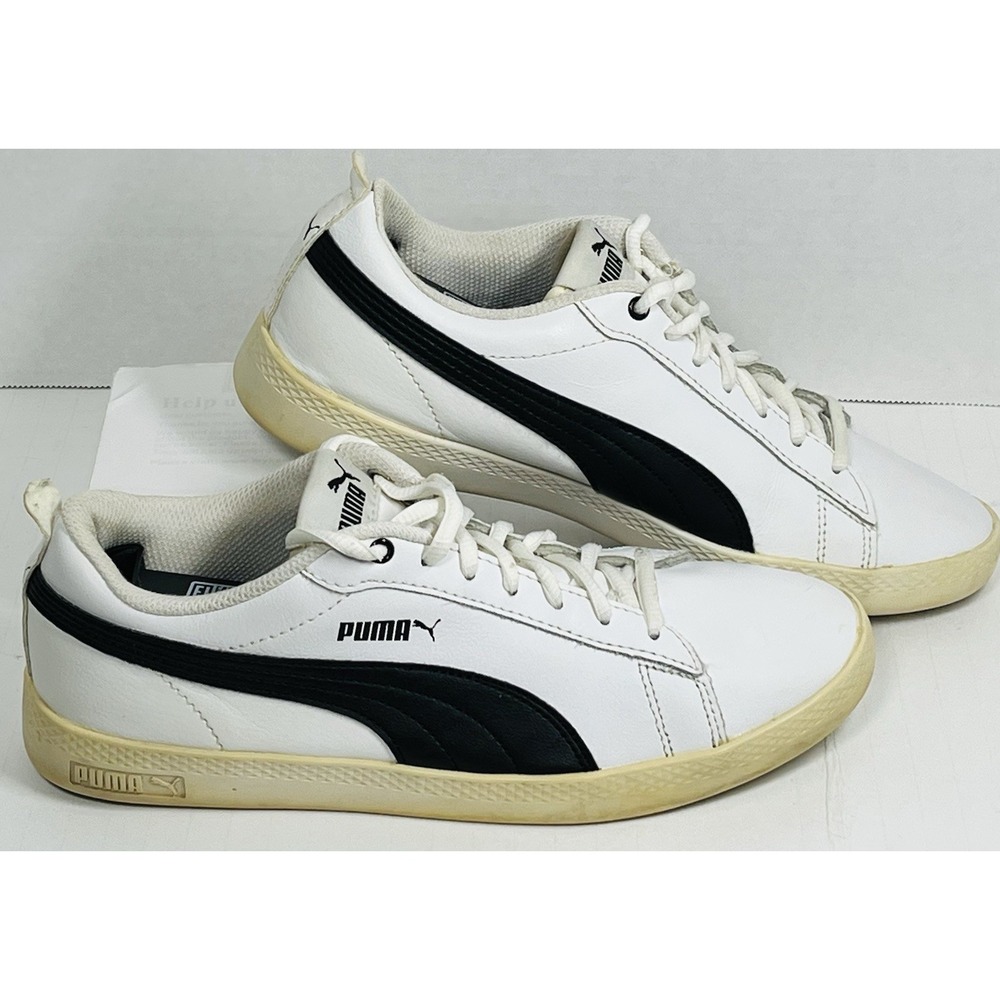 PUMA Smash V2 White‎ Leather with Black Sneakers Size 8.5 Womens Retro Classic